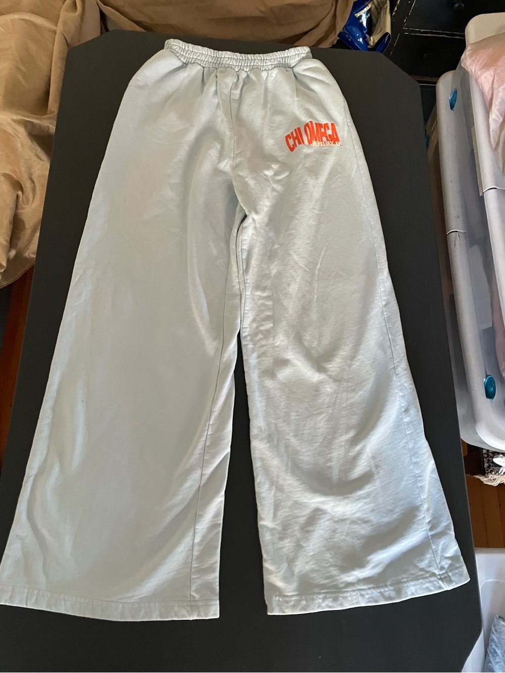 Chi Omega Berkeley CA Sorority Sweatpants with orange logo in light blue size L